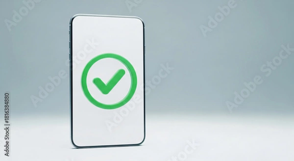 Obraz A phone with a green check mark on it. The phone is turned off