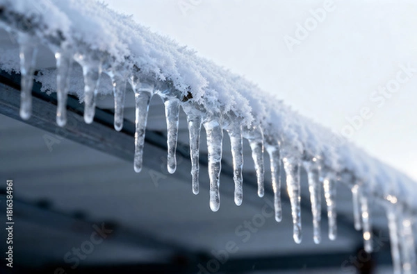 Obraz Icicles hanging from a roof in the snow. The icicles are long and thin, and they are hanging from the roof. The image has a cold and wintry mood, and it conveys the idea of the harsh winter weather