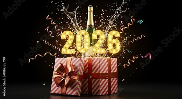 Fototapeta Celebratory year 2026 with gift box and champagne splash on black background