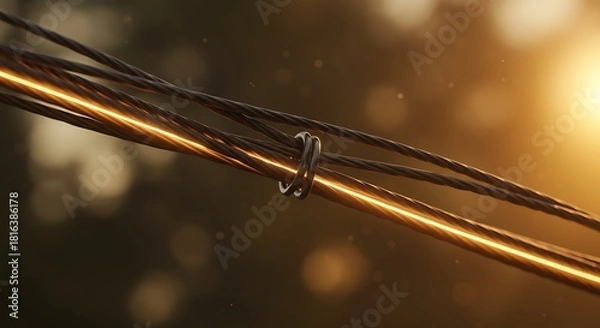 Fototapeta Close up of electrical wires against a blurred background with warm sunlight