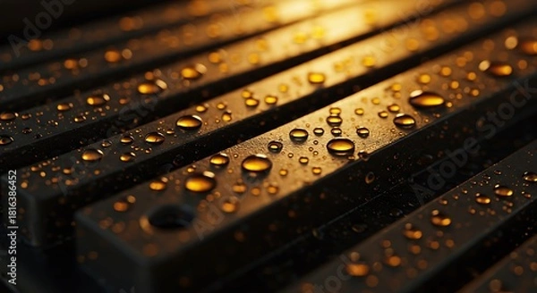 Fototapeta Close up of wet metal bars with water droplets and warm lighting effects