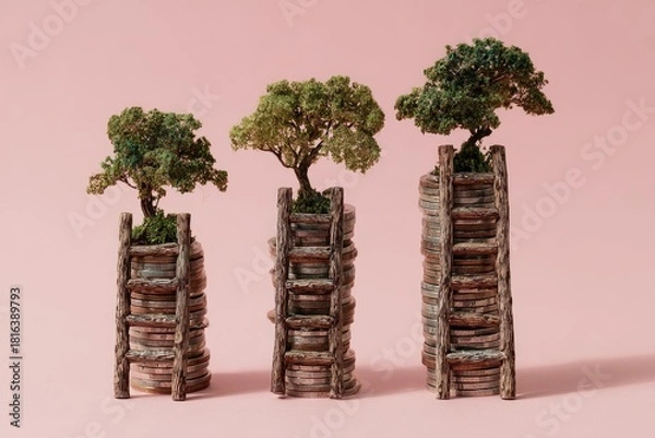 Fototapeta Three small bonsai trees growing on stacks of coins, a conceptual image of investment and growth
