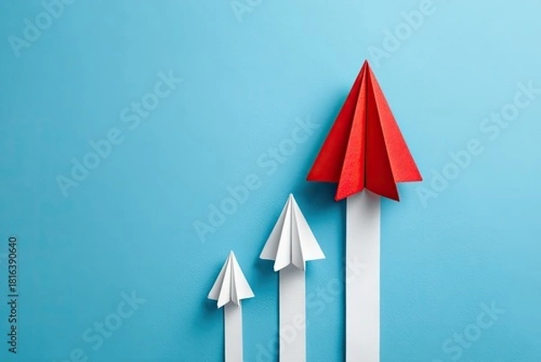 Fototapeta Three paper airplanes on a light blue background in a upward trend