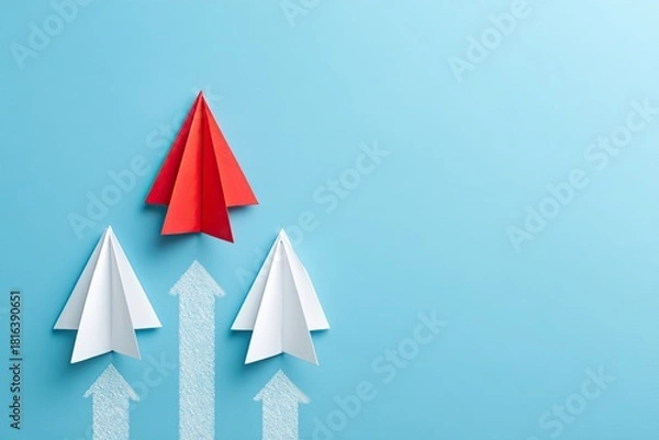 Fototapeta Red paper airplane leading three white paper airplanes, with chalk arrows pointing upward