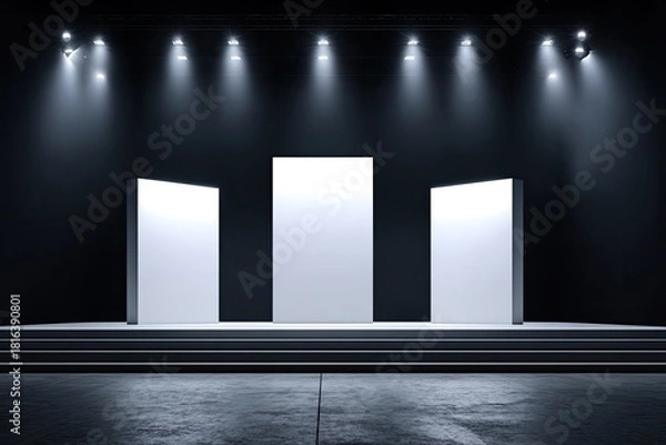 Fototapeta Empty stage with blank panels under spotlights