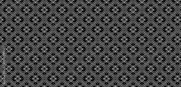 Obraz Geometric thai style flowers white color on black seamless pattern vector file.