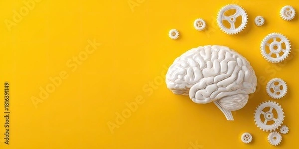 Fototapeta White brain with gears on yellow background (1)