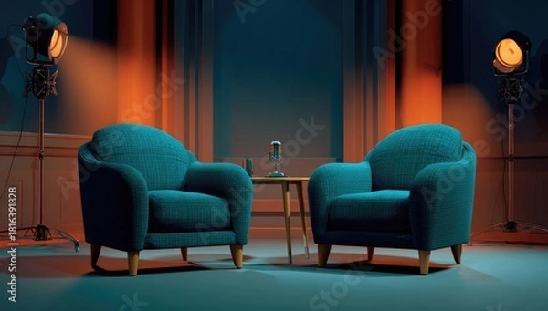 Fototapeta Interview setting, two armchairs, warm lighting