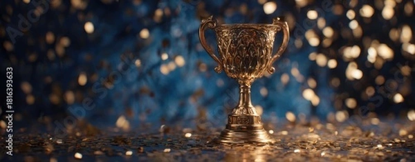 Fototapeta Golden trophy on a glittery surface, against a bokeh background of blurred lights