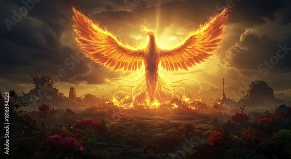 Fototapeta Fiery phoenix ascending dramatic digital art depicting mythical bird
