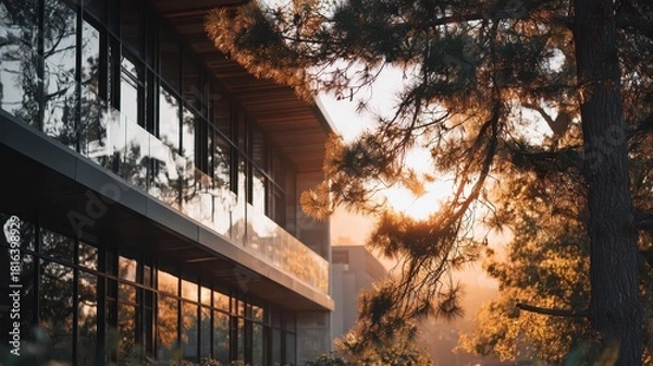 Fototapeta Modern building with large windows reflects trees at sunset. Use for architecture, real estate, nature, and peaceful environment concepts.