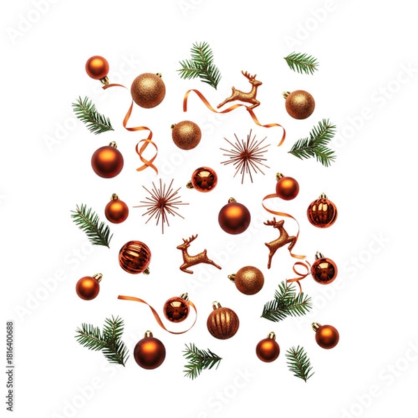 Fototapeta Festive christmas ornaments and evergreen branches scattered on white background