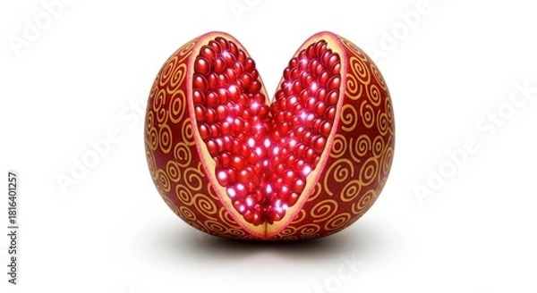 Obraz A beautifully decorated pomegranate cut in half, forming a heart shape, revealing its vibrant red arils on a white background.