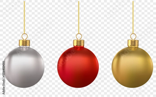 Fototapeta Shiny 3D Christmas balls in red, silver, and gold; round, shiny spheres.
