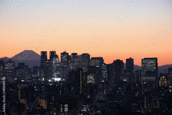 Obraz 日本の東京都市風景・美しい夜景「富士山と新宿の高層ビル群」