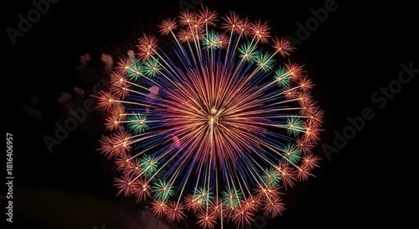Obraz Vibrant burst of fireworks exploding in the night sky with colorful trails