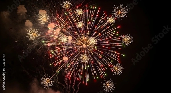 Obraz Bursting fireworks display illuminating the night sky with vibrant colors and light