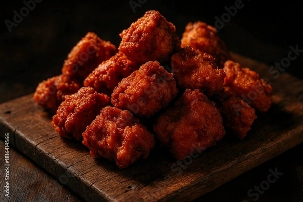 Fototapeta Golden crispy Chicken 65 bites stacked neatly, highlighting rich spices and perfect fried texture