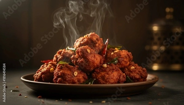 Fototapeta Steaming hot Chicken 65 with garlic slices, spices, and crispy coating ready to serve