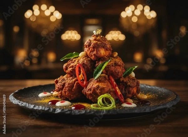 Fototapeta Elegant plated Chicken 65 presentation with herbs, chili and rich seasoning for fine dining flavor