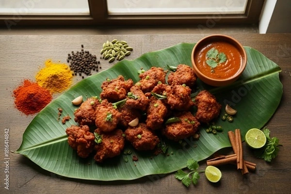 Fototapeta Traditional Chicken 65 served on banana leaf with spices, chutney and authentic Indian flavors