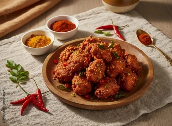 Fototapeta Wooden plate filled with spicy Chicken 65 featuring chili peppers, curry leaves and roasted sesame texture