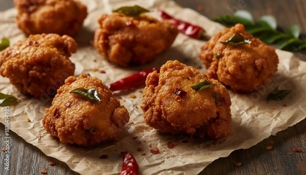 Fototapeta Rustic paper lined spicy Chicken 65 with curry leaves and whole dried red chilies for bold authentic flavor