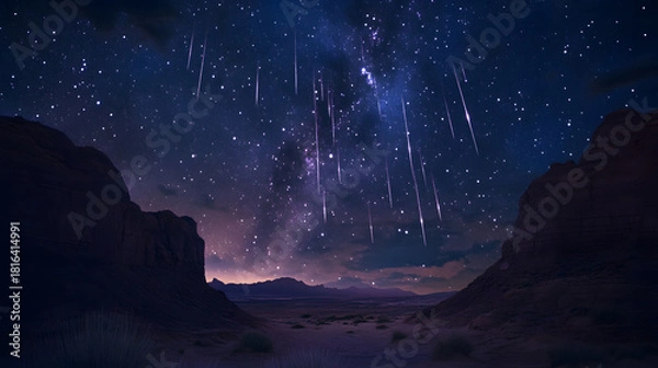 Fototapeta A celestial spectacle of a meteor shower lights up the vast desert landscape, with countless stars streaking across the deep blue night sky