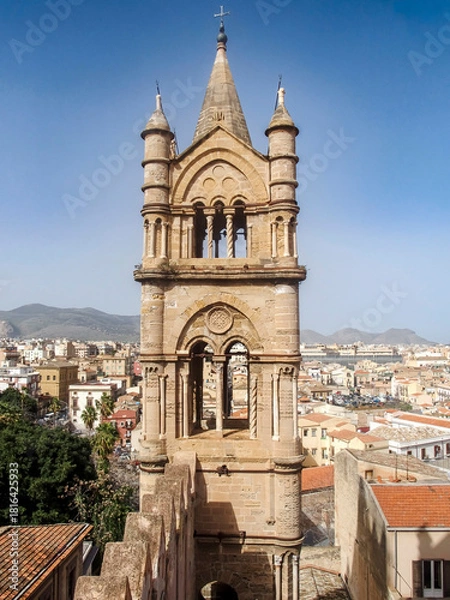 Fototapeta Soaring Bell Tower of Palermo Cathedral (13th Century Arab-Norman Architecture) and Cityscape View, Sicily