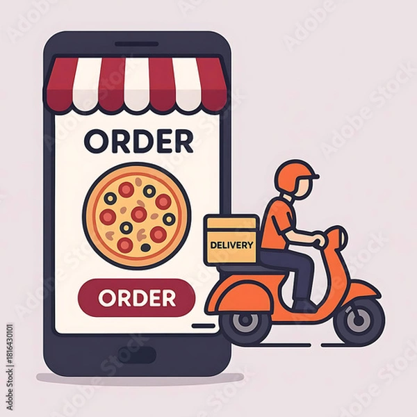 Fototapeta Smartphone app with delivery bike and pizza order. Online restaurant service, food ordering. Vector illustration.