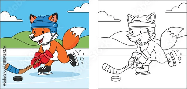 Fototapeta Cartoon fox playing ice hockey coloring page. Vector illustration of cute animal skater with stick and puck. Winter sport outline and color version for kids activity book.