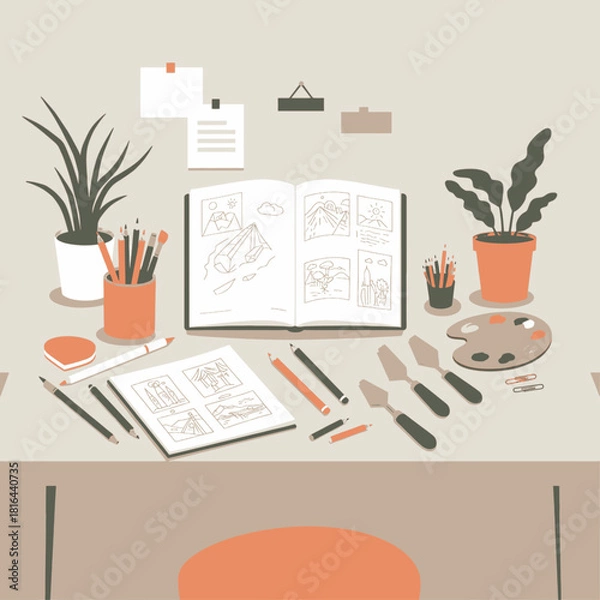 Obraz A neatly organized artist's workspace featuring open sketchbooks, various drawing tools, a paint palette, and potted plants on a desk, ready for creative expression.