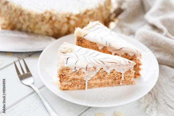 Fototapeta Esterhazy cake sliced on white plate close-up