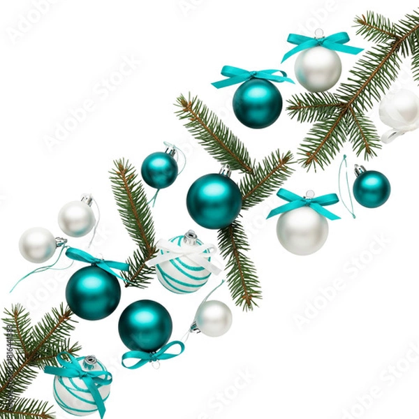 Obraz Teal and white christmas ornaments with pine needles on white background