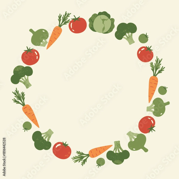 Obraz A circular wreath frame made of illustrated fresh vegetables including carrots, tomatoes, and broccoli on a cream background.