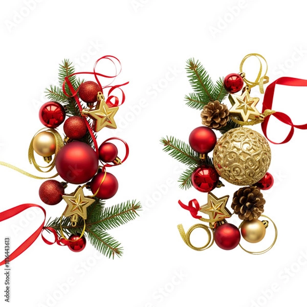 Obraz Festive christmas ornaments and pine sprigs with red ribbons