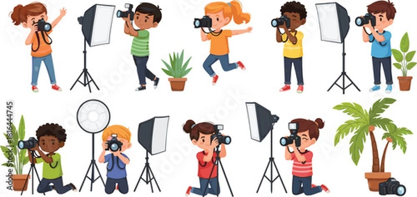 Fototapeta Cartoon children photography, kids with cameras, photo shoot scene, tripod, softbox, umbrella light, playful setup, colorful props, palm tree, studio gear, fun activity