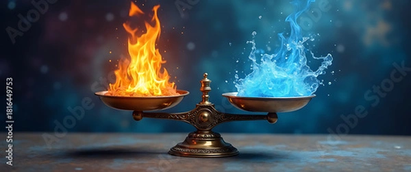 Obraz Balance scale with opposing forces of fire and water, representing conflict and harmony, on a tabletop.