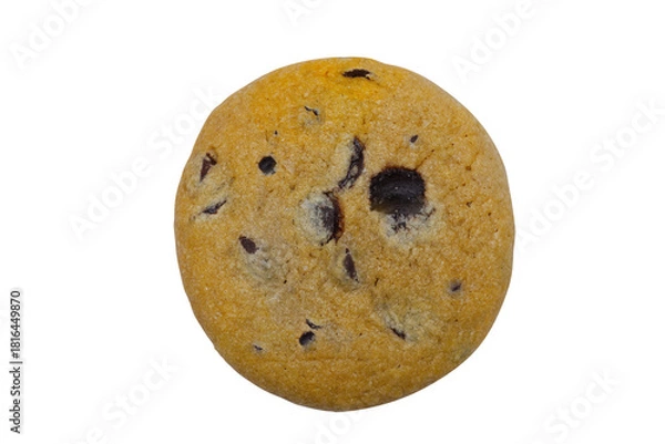 Fototapeta A top-down close-up of a single round chocolate chip cookie. The golden-brown cookie has dark chips visible and is isolated on a pure white background