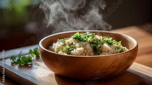 Fototapeta Steaming bowl of hot rice generously garnished with fresh green herbs served on a rustic wooden surface