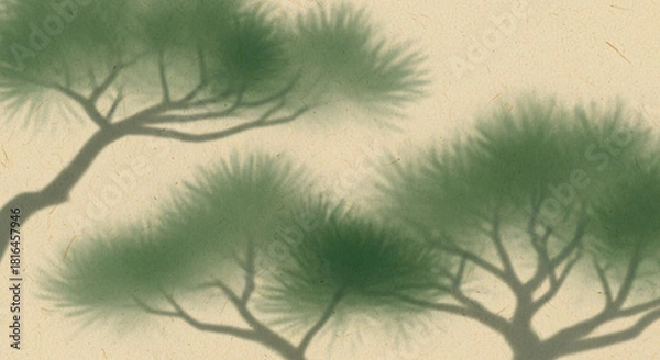 Obraz 松の木のシルエットのイラスト、和風背景素材、和紙背景、浮世絵風のタッチ