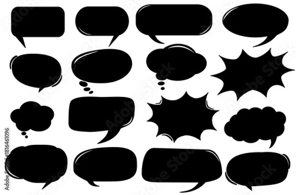 Obraz A bold set of comic speech and thought bubbles, perfect for expressive dialogue, cartoon graphics, and playful visual designs. speech bubbles in black silhouettes.