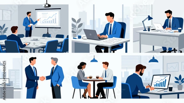 Obraz This illustration showcases various business scenarios, including meetings, collaborations, and presentations, depicting the different aspects of corporate work and teamwork.