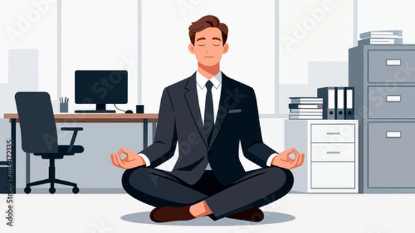 Obraz A businessman in a suit meditates in an office, emphasizing the importance of mental wellness and stress relief in a corporate environment.