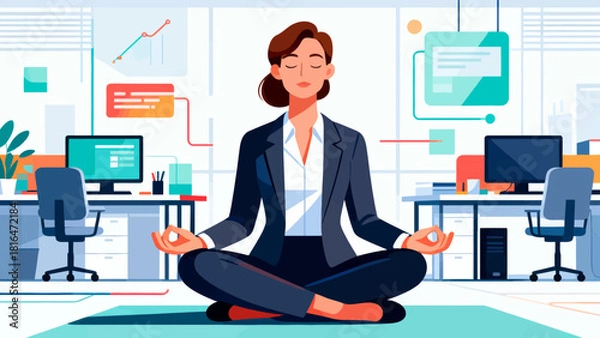 Obraz A businessman in a suit meditates in an office, emphasizing the importance of mental wellness and stress relief in a corporate environment.