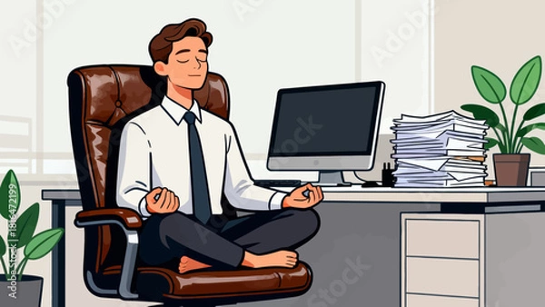 Obraz A businessman in a suit meditates in an office, emphasizing the importance of mental wellness and stress relief in a corporate environment.