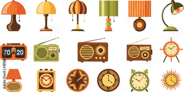 Fototapeta Retro Revival A Vibrant Collection of Vintage Lamps, Radios, and Clocks