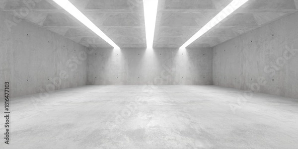 Fototapeta Modern concrete brutalism architeture room woth three stripe light openings and structured ceiling - empty abstract industrial interior background template