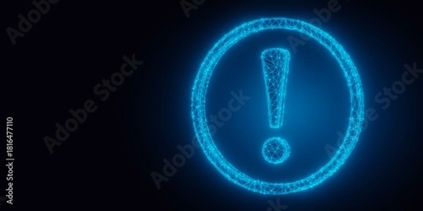 Fototapeta Blue glowing low poly wireframe exclamation mark in surrounding circle over dark background, idea, solution or communication business concept background with copy space