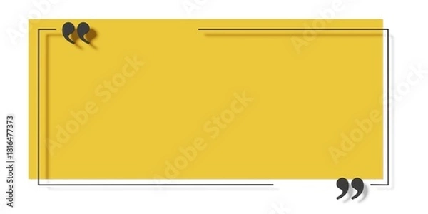 Fototapeta Black quotation marks in cutouts of thin line rectangle frame with underlaying yellow rectangle on white background, quote template with copy space